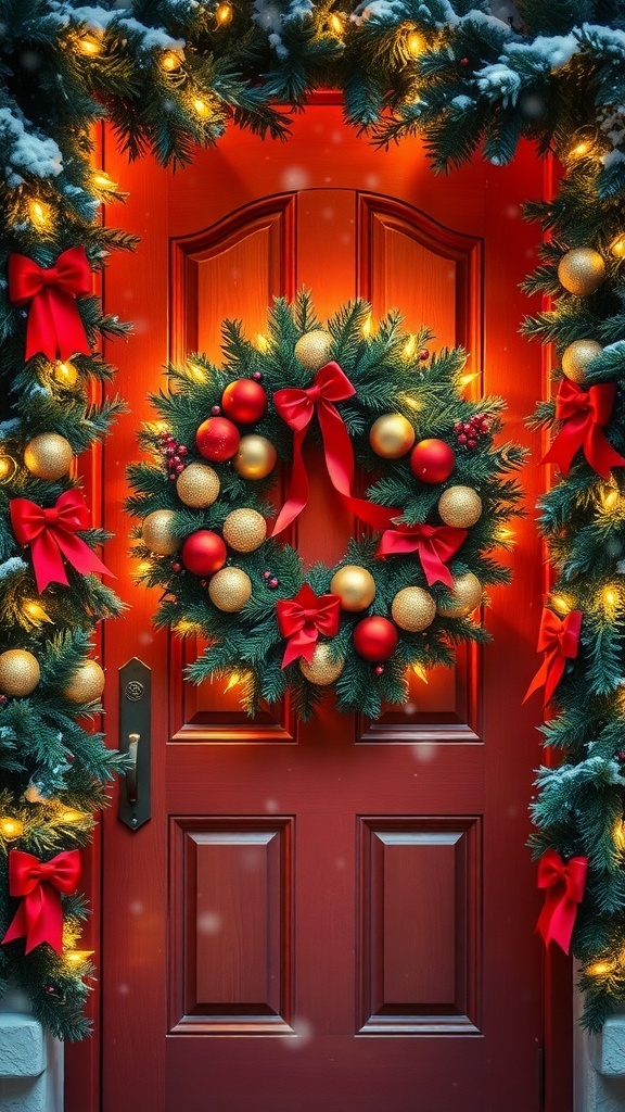 A festive Christmas door decorated with a wreath, garlands, and lights, set against a snowy backdrop.